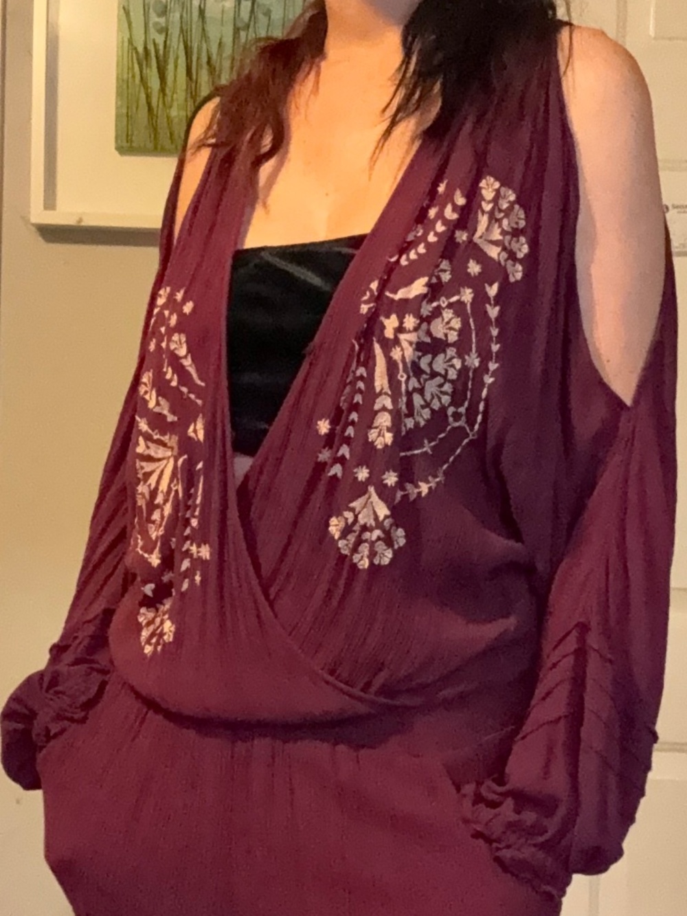 FreePeople Burgundy boho cold shoulder romper